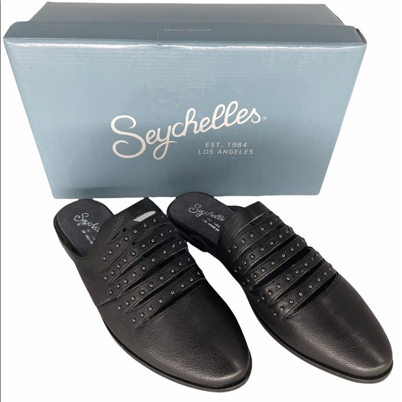 SEYCHELLES NWB Undivided Studded Black and Silver Mules Shoes Size 8 - Picture 1 of 7